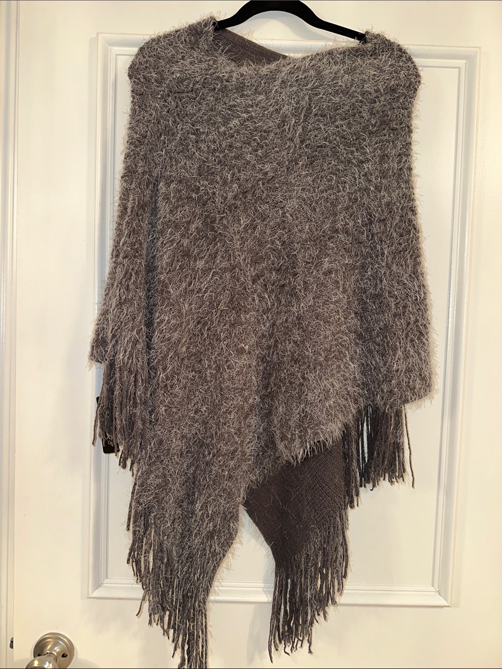 Cozy Fuzzy Fringe Poncho in Taupe